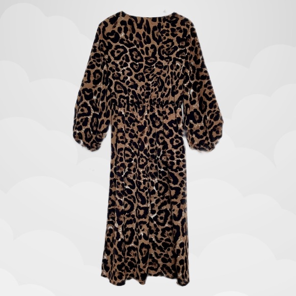 Leopard Print Cuffed Sleeve Cinched Waist Midi Dress - Picture 2 of 4
